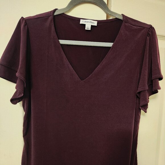 Calvin Klein V-neck Flutter Sleeve Blouse - Burgundy/Aubergine - Picture 2 of 3